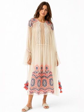 🩷 Hemant & Nandita Embellished Swiss Dot Boho Dress | Ivory Multi🩷